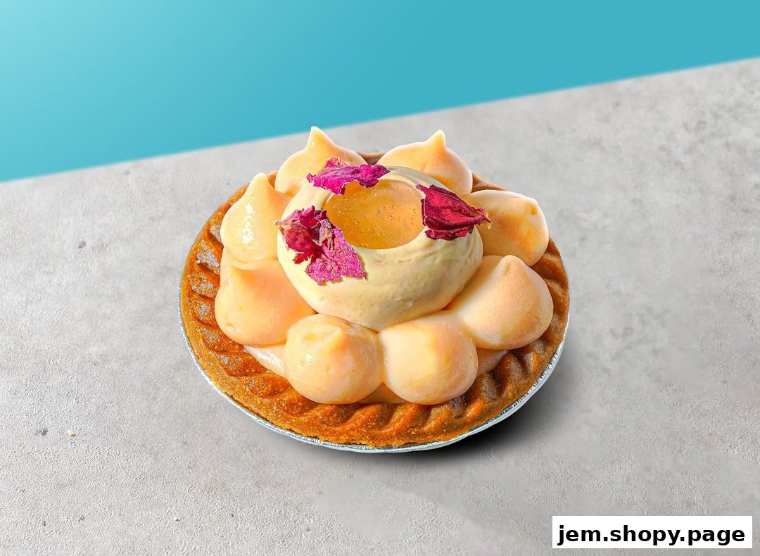 A beautifully decorated tart with cream, fruit, and edible flowers on a textured surface.