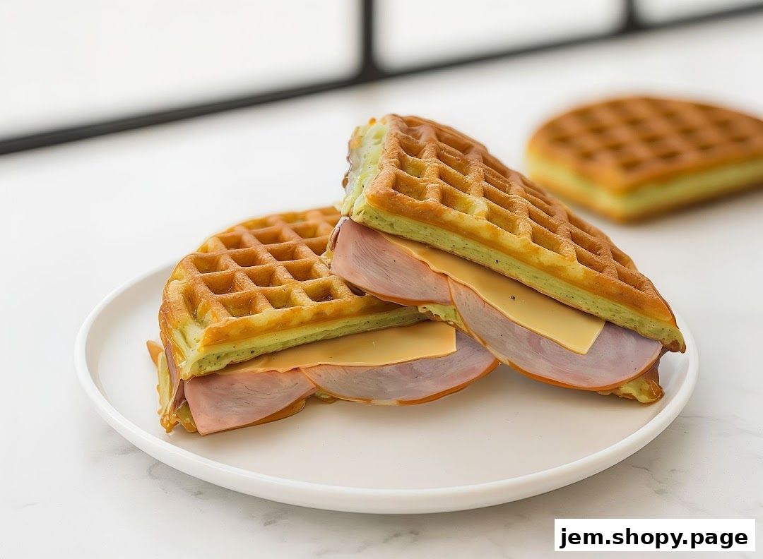 A close-up of a savory waffle sandwich with ham and cheese on a white plate.