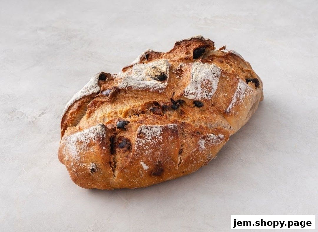 A rustic loaf of bread with visible olives and a dusting of flour.
