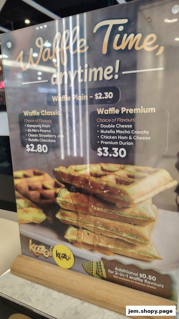 A menu board displaying various waffle options and prices from Kazo.
