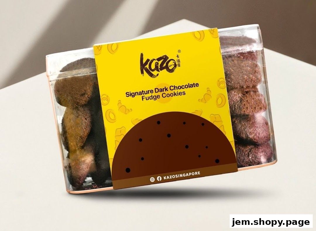 A clear container filled with Kazo Signature Dark Chocolate Fudge Cookies.