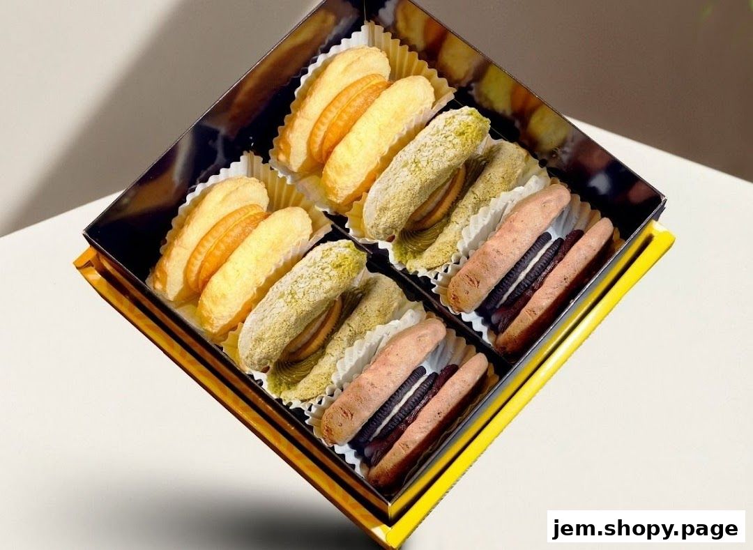 A box of assorted pastries, including macarons and cookies, presented in a gift box.