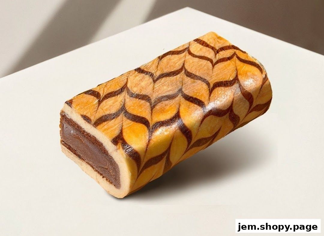 A close-up of a chocolate-filled pastry with a decorative glaze.