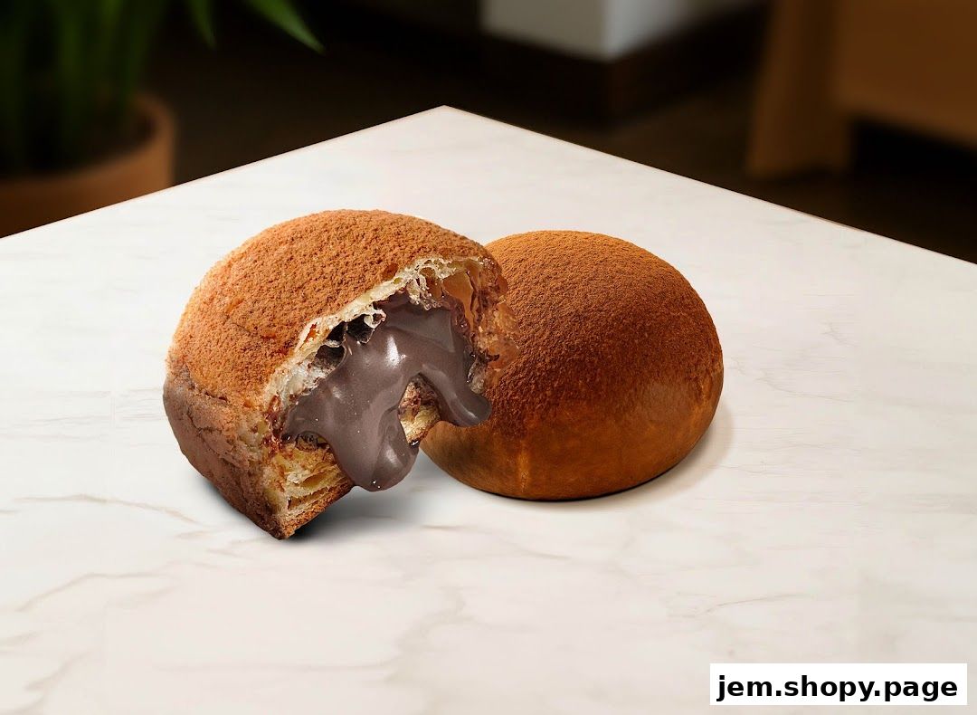A close-up of a chocolate-filled pastry dusted with cocoa powder on a marble surface.
