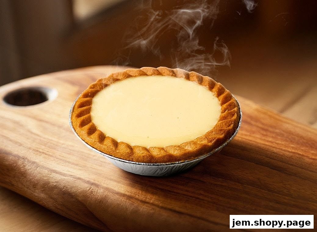 A freshly baked, steaming egg tart sits on a wooden board.