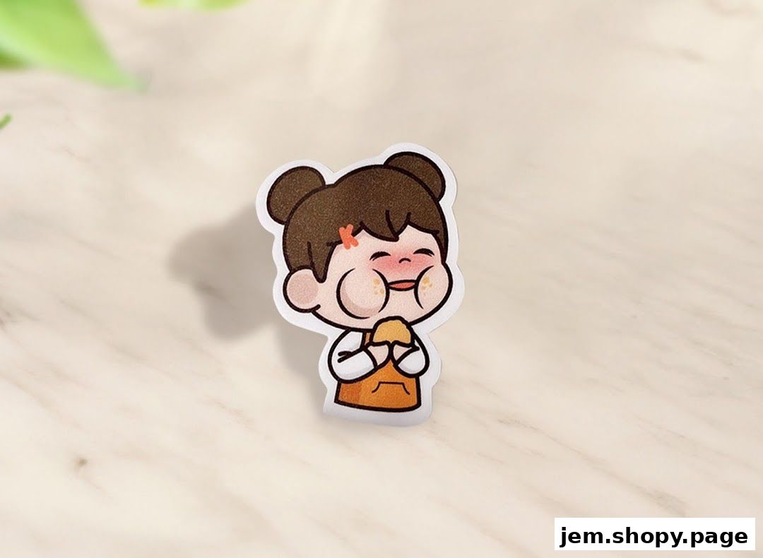 A cute cartoon sticker of a girl happily eating a snack.
