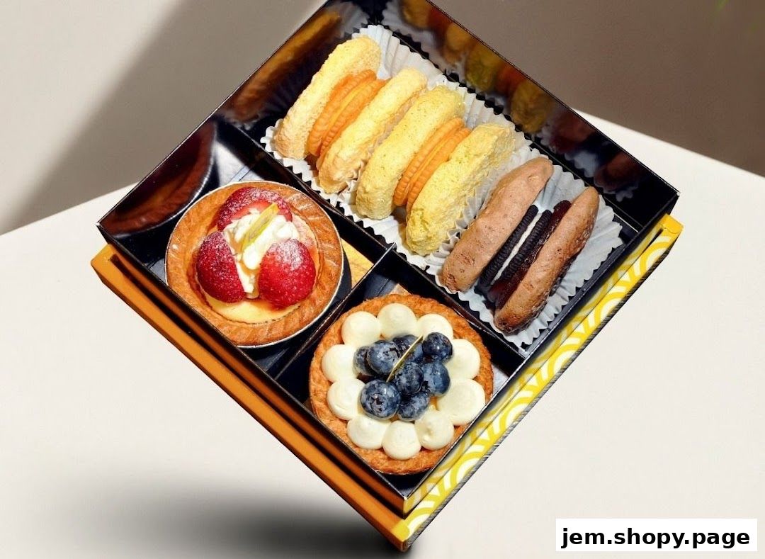 A box of assorted pastries including tarts and cookies, beautifully presented.
