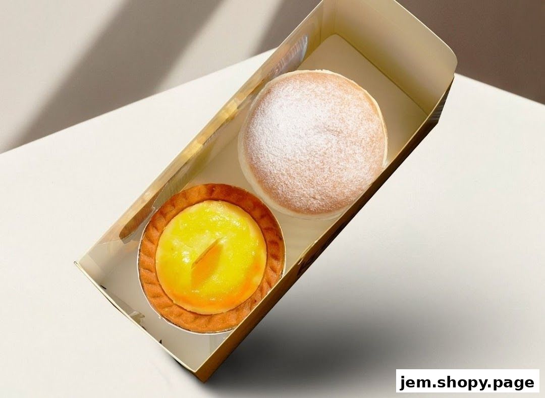 A box containing a custard tart and a powdered sugar bun.