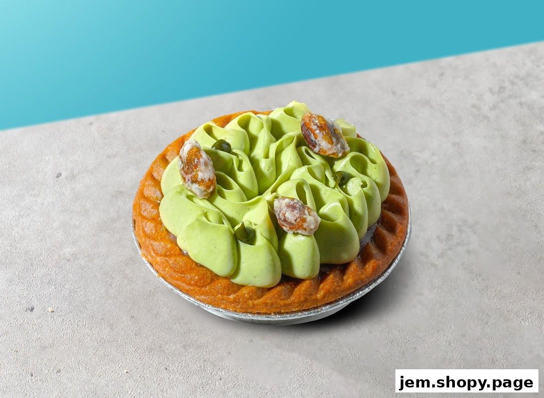 A close-up of a pistachio tart with creamy frosting and candied nuts.