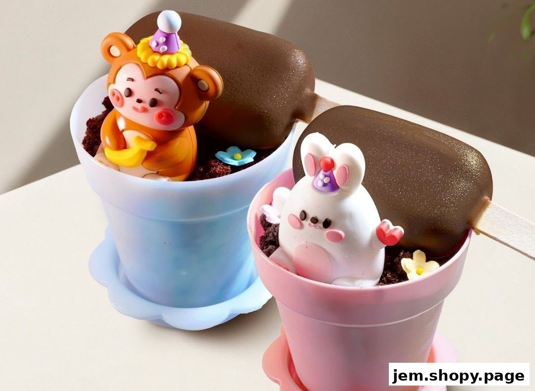 Cute chocolate ice cream bars with animal-shaped toppers in pots.