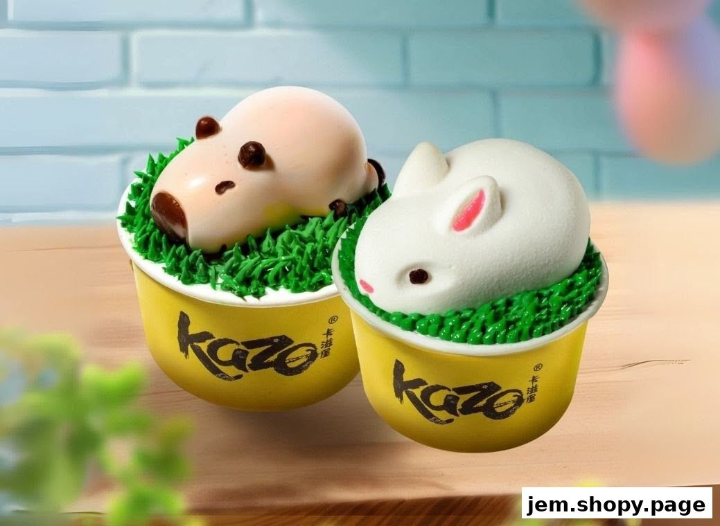 Two adorable animal-shaped desserts in yellow cups with the Kazo logo.
