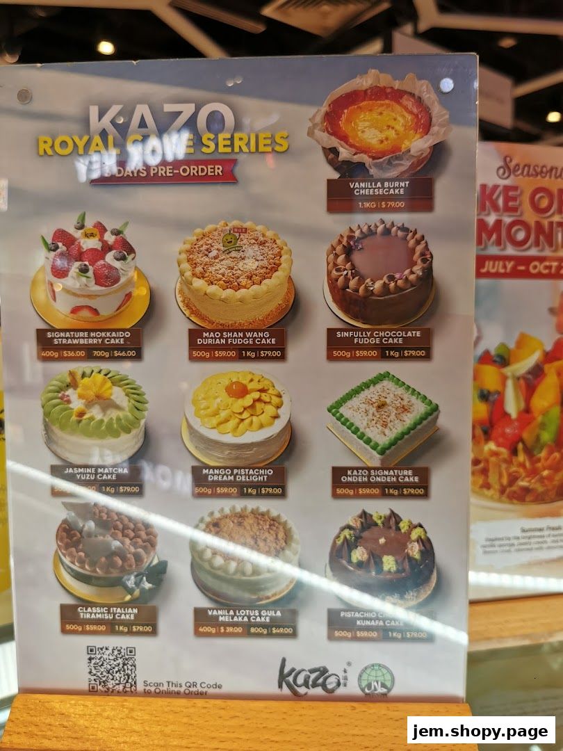 A display of various Kazo cakes from the Royal Gowe Series with prices and sizes.