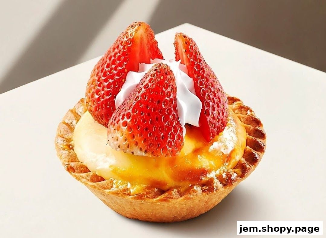 A close-up of a delicious strawberry tart with cream and fresh strawberries.