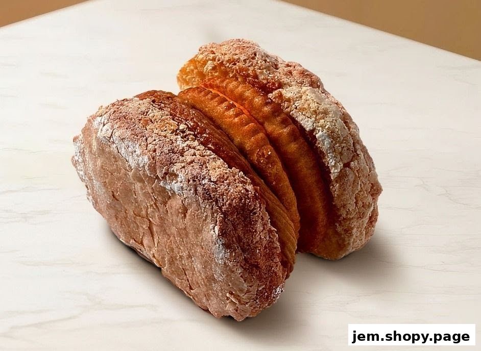 Two golden-brown pastries dusted with powdered sugar on a marble surface.