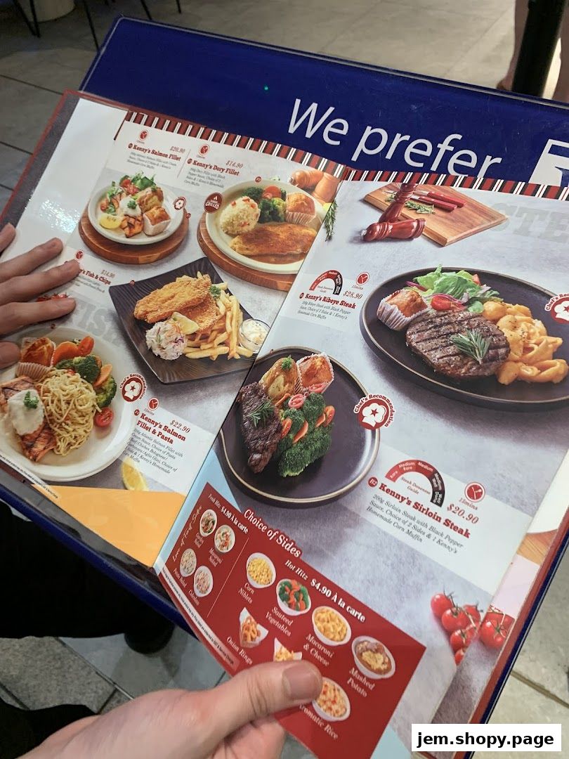 A menu from Kenny Rogers Roasters Singapore showcasing various dishes and sides.