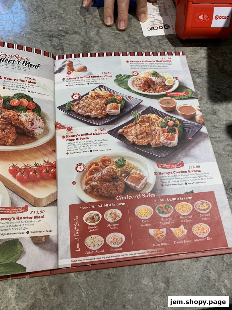 A menu from Kenny Rogers Roasters Singapore showcasing various chicken meals and sides.
