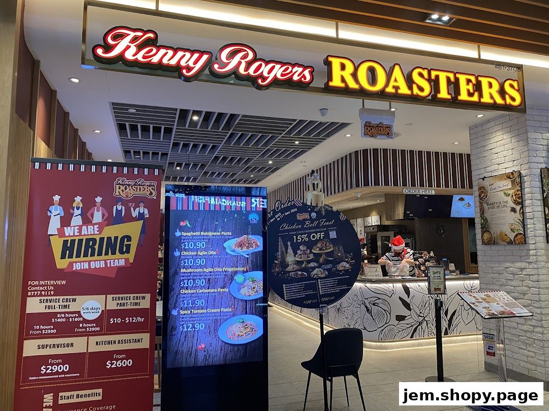 Kenny Rogers Roasters storefront with a hiring banner and a digital menu displaying pasta dishes.