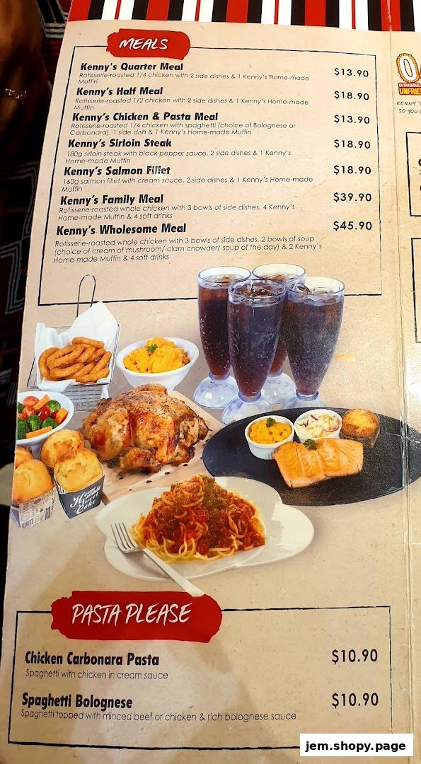 A menu from Kenny Rogers Roasters featuring meals and pasta dishes with prices.