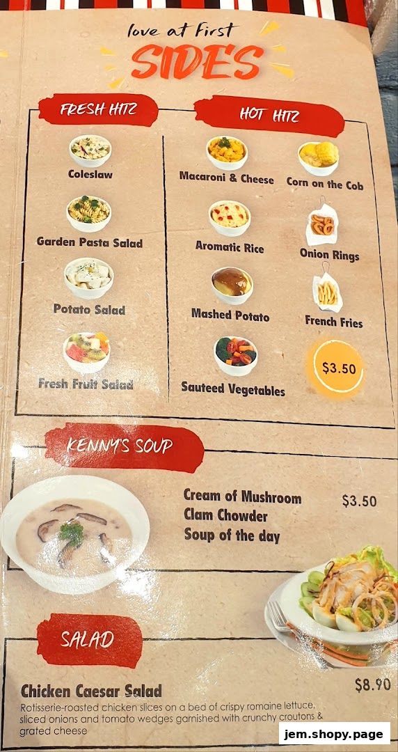 A menu showcasing Kenny Rogers Roasters' sides, soups, and salads with prices.