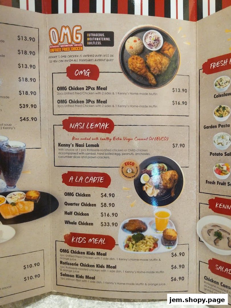 A menu from Kenny Rogers Roasters featuring fried chicken, nasi lemak, and kids meals.