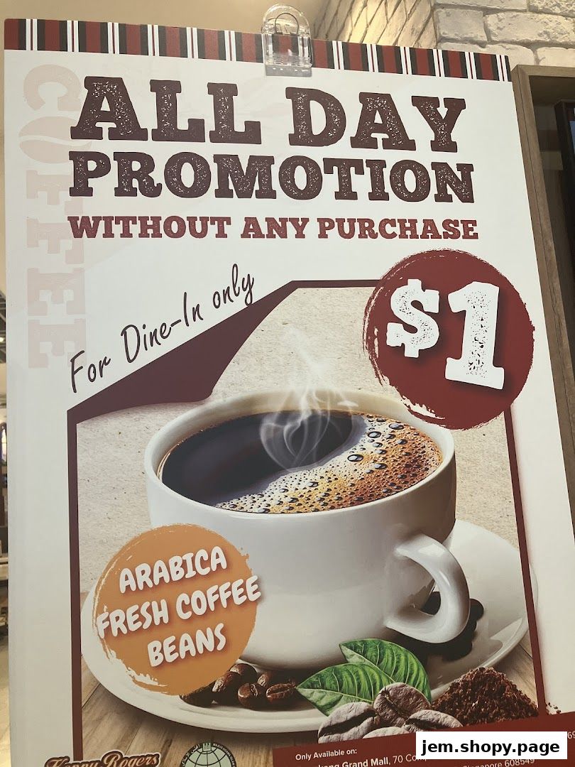 A promotional poster for Kenny Rogers Roasters offering $1 coffee for dine-in customers.