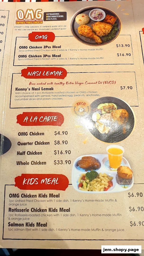 A menu from Kenny Rogers Roasters Singapore featuring fried chicken, nasi lemak, and kids meals.