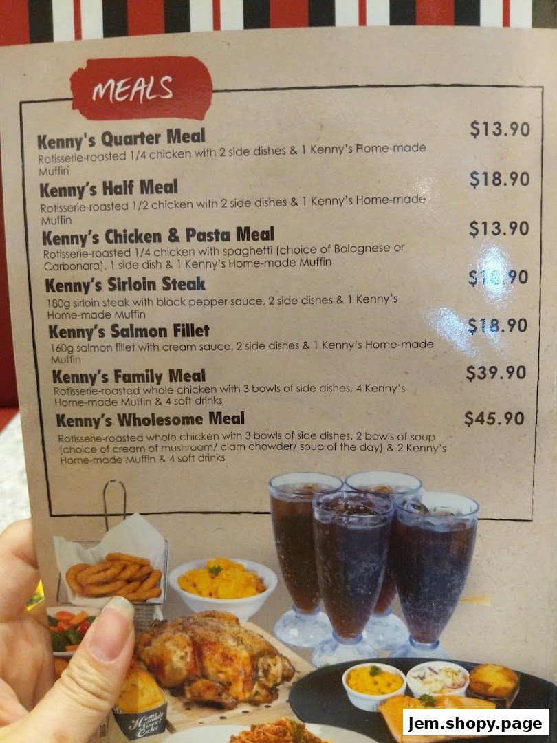 A menu from Kenny Rogers Roasters featuring various meal options and prices.