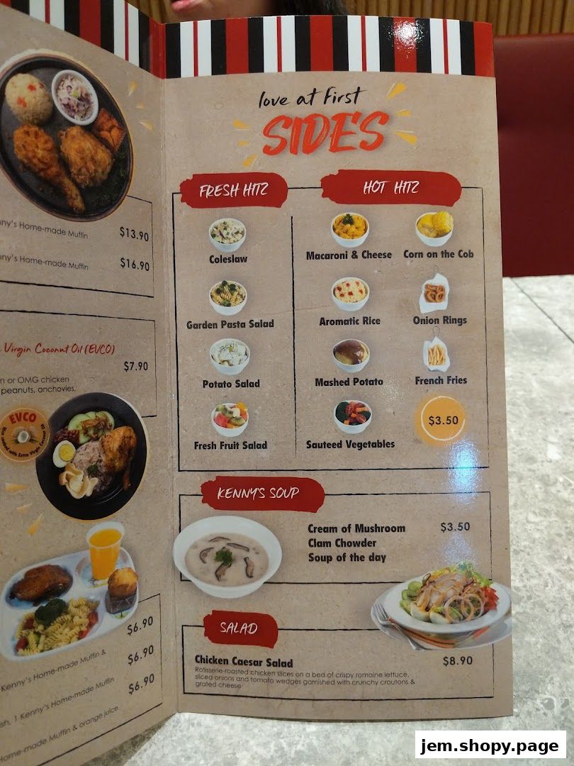 A menu page from Kenny Rogers Roasters featuring various side dishes, soups, and salads.