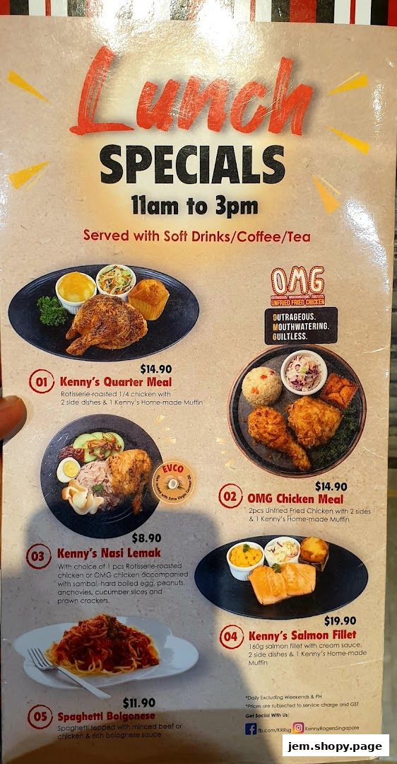 A menu featuring lunch specials from Kenny Rogers Roasters, including chicken meals and salmon fillet.