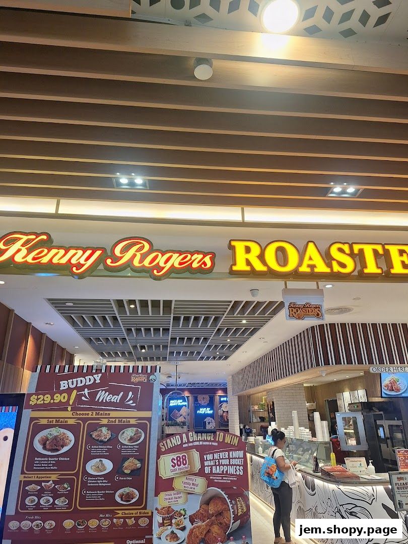 Kenny Rogers Roasters Singapore storefront with a menu board and a customer at the counter.