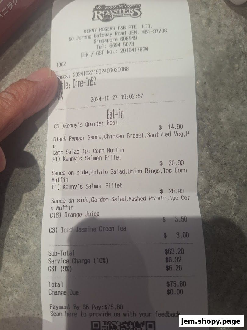 A receipt from Kenny Rogers Roasters showing a meal order and total cost.