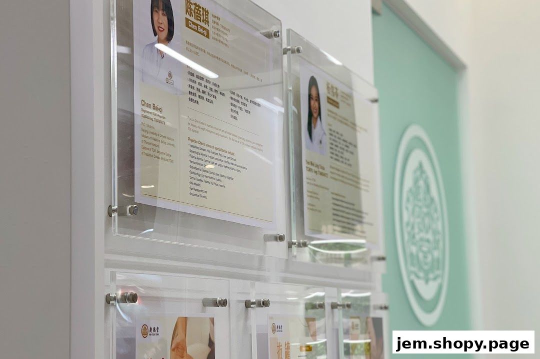 Certificates and credentials of TCM physicians displayed on a wall.