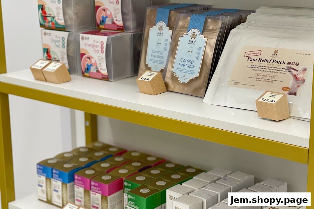 Shelves stocked with various health and wellness products including teas, eye masks, and pain relief patches.