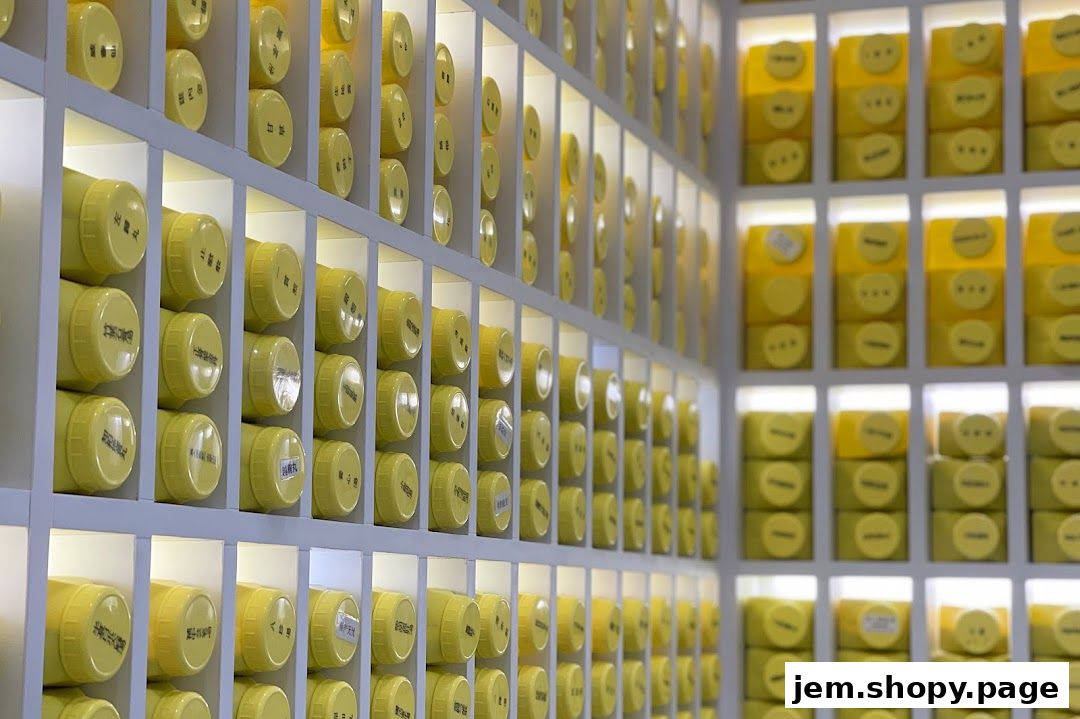 Rows of yellow jars with Chinese characters on shelves in a TCM clinic.