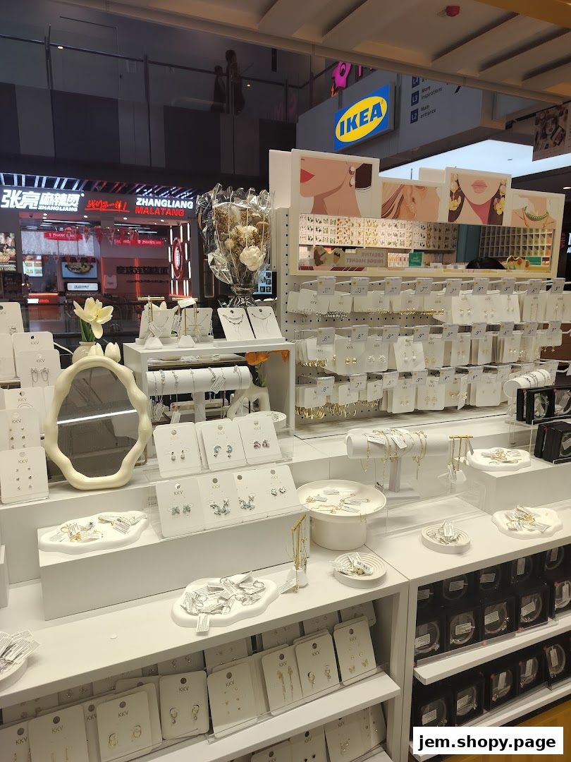 A retail display of KKV jewelry and accessories, featuring earrings, necklaces, and bracelets.