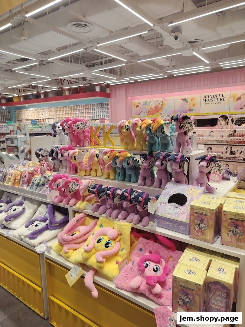 A retail store interior displaying a variety of My Little Pony plush toys and merchandise.