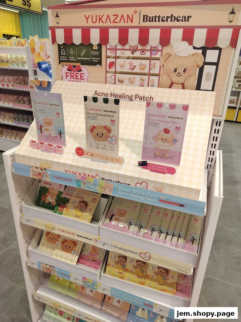 Display of Yukazan Butterbear acne healing patches with cute bear designs.