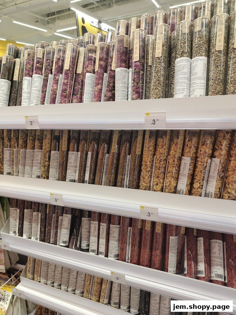 Shelves stocked with various dried herbs, teas, and other food items in clear tubes.