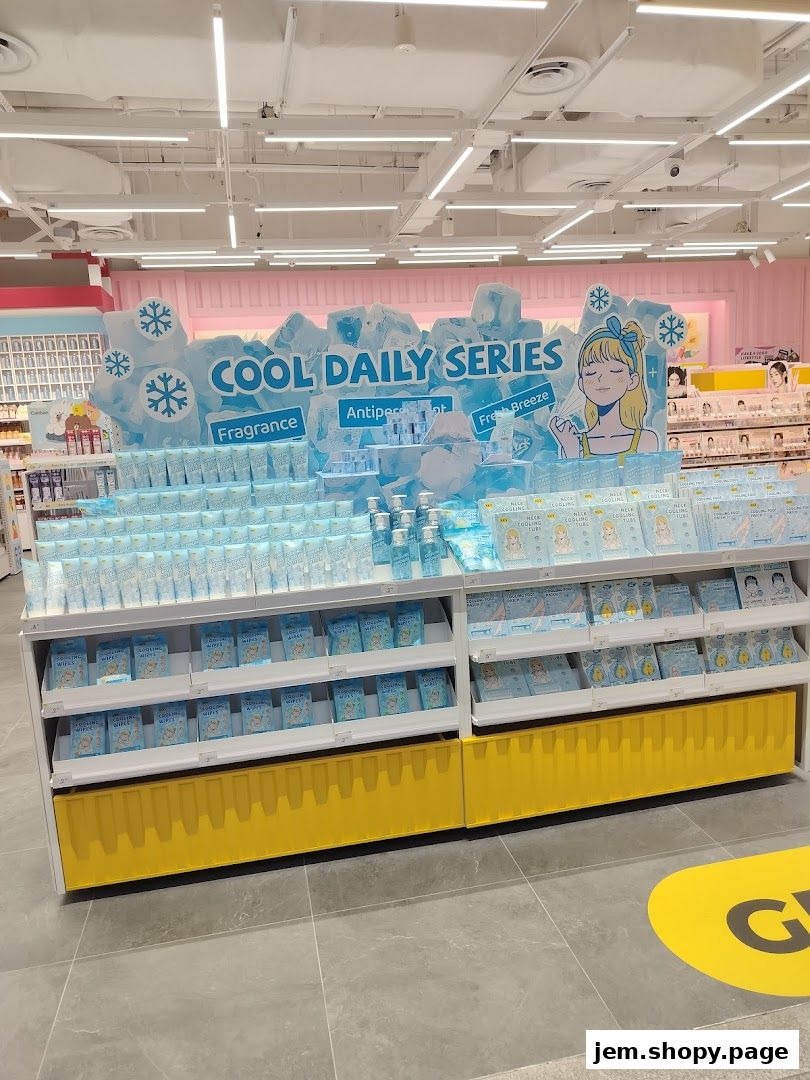 Display of 'Cool Daily Series' products with ice cube and snowflake decorations.