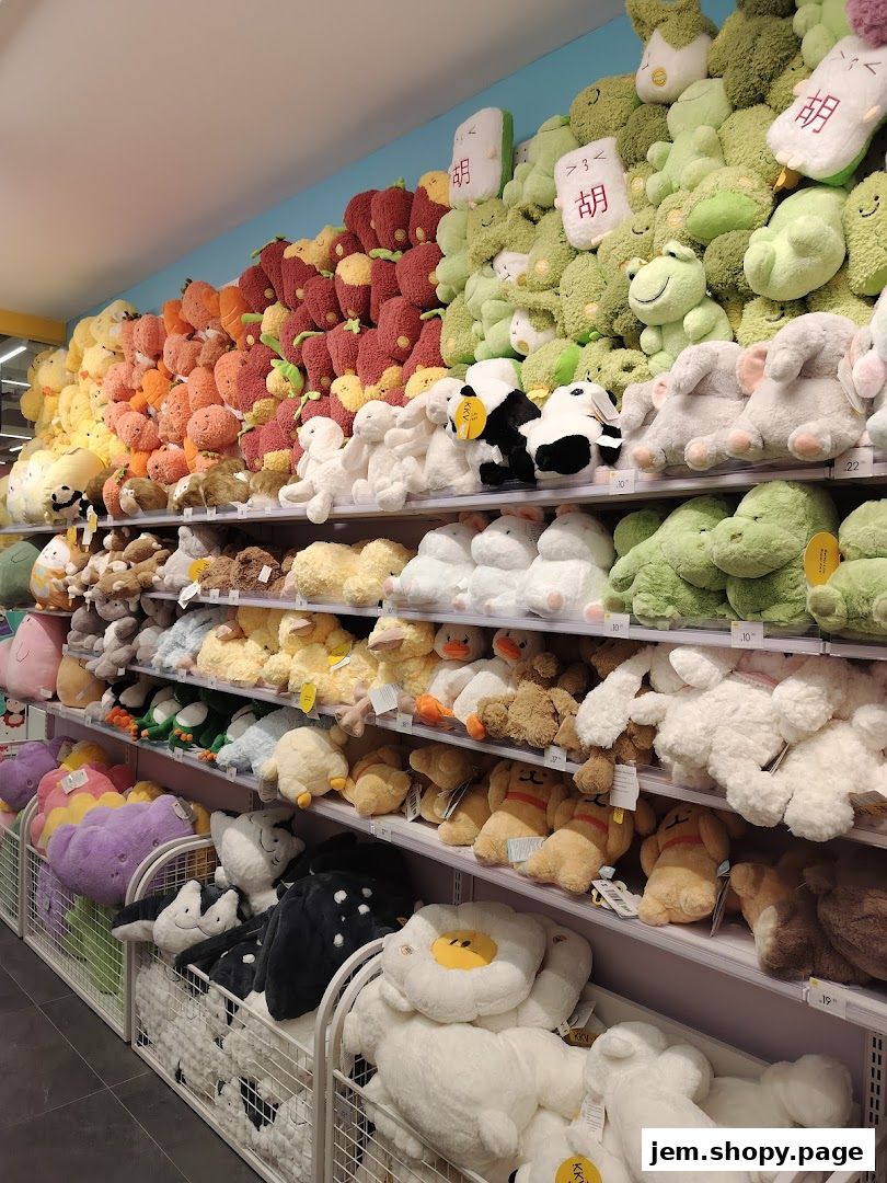 Shelves filled with a colorful assortment of plush toys, including fruits, animals, and cartoon characters.