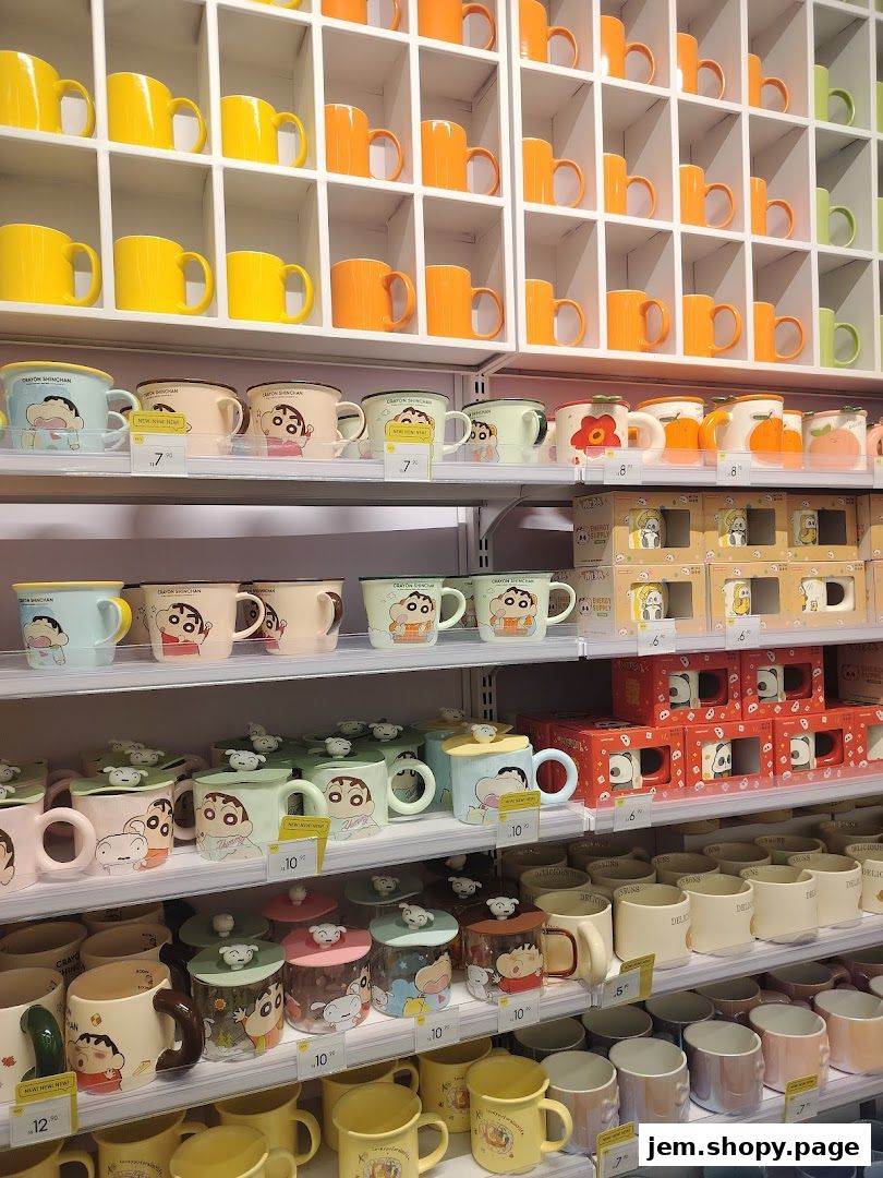 Shelves filled with colorful mugs and cups featuring cartoon characters.