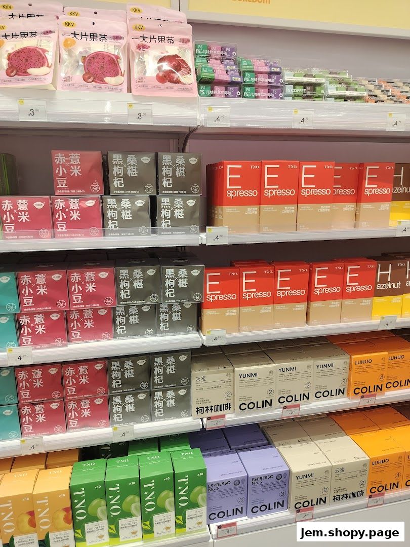 Shelves stocked with various packaged food items, including dried fruits, coffee, and tea.