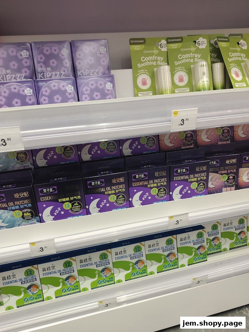 Shelves stocked with various health and wellness products, including balms and essential oil patches.