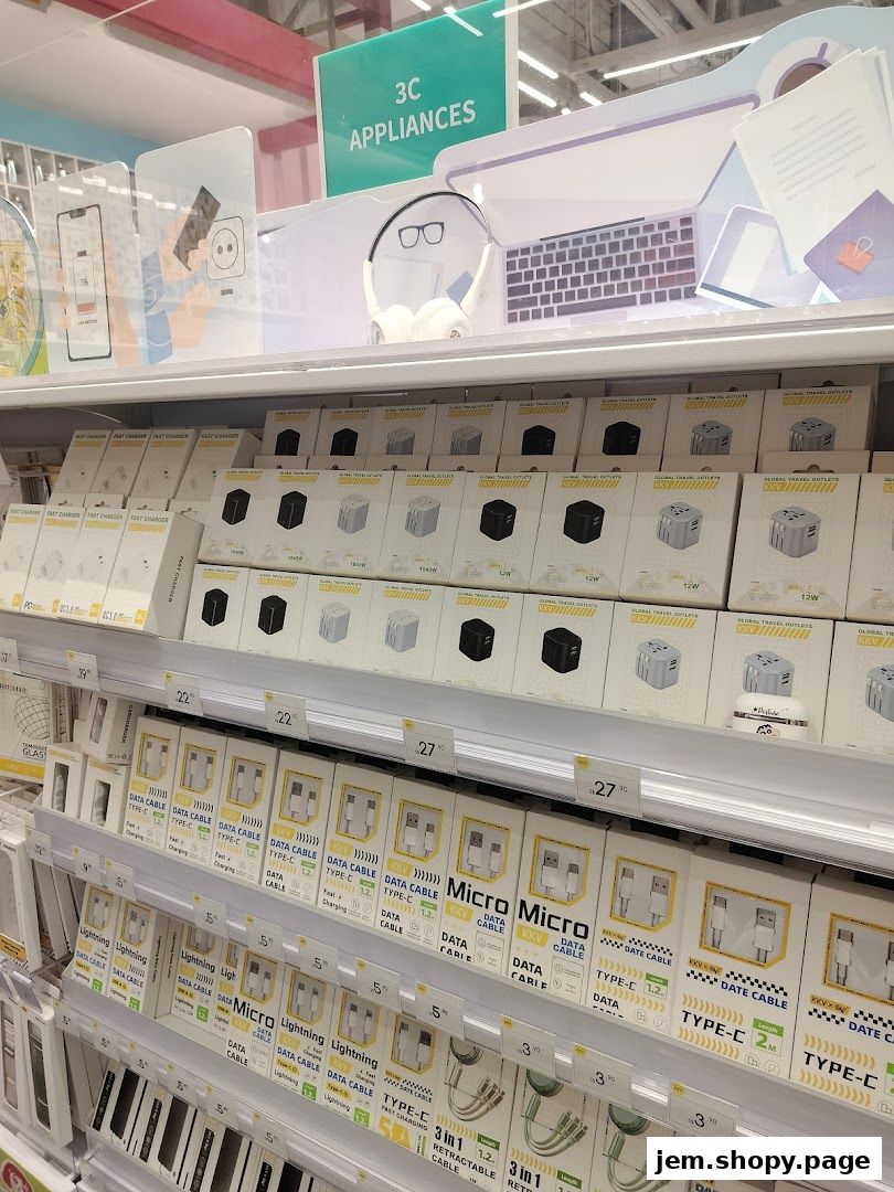 Shelves stocked with various electronic accessories like chargers, data cables, and travel adapters.