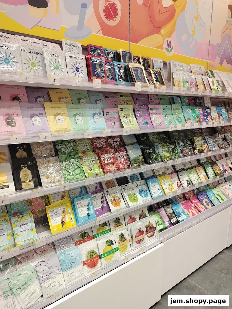 Shelves stocked with a wide variety of face masks and skincare products.