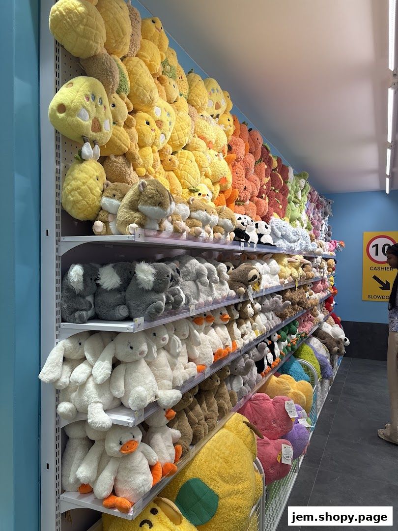 A wall of colorful plush toys, including fruits, animals, and characters, neatly displayed on shelves.