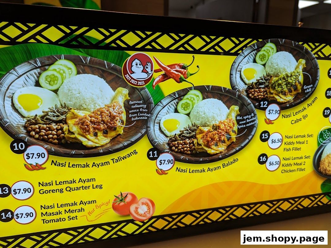 A menu board displaying various Nasi Lemak dishes with prices and descriptions.