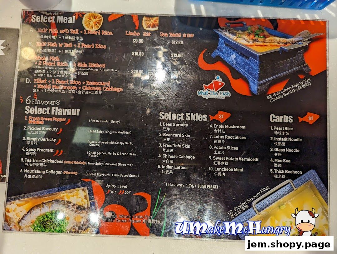 A menu for Kopitiam Food Hall featuring fish meals, sides, carbs, and flavour selections.