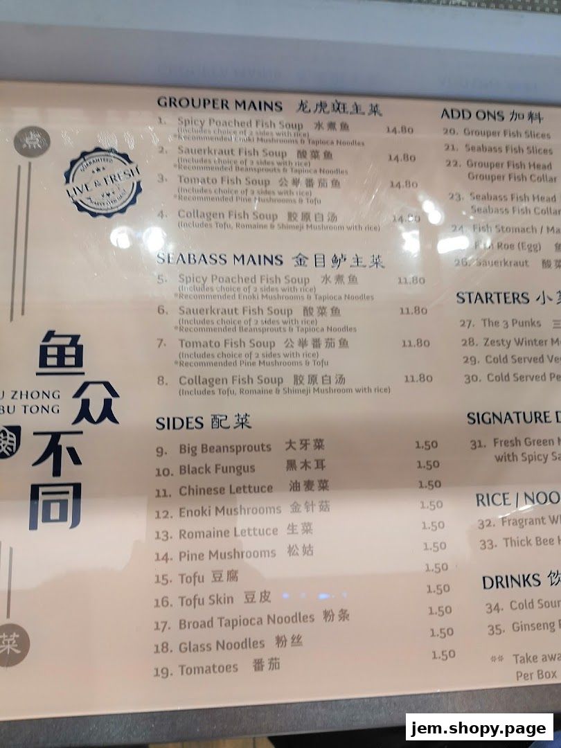 A menu board displaying various fish mains, sides, and add-ons with prices.