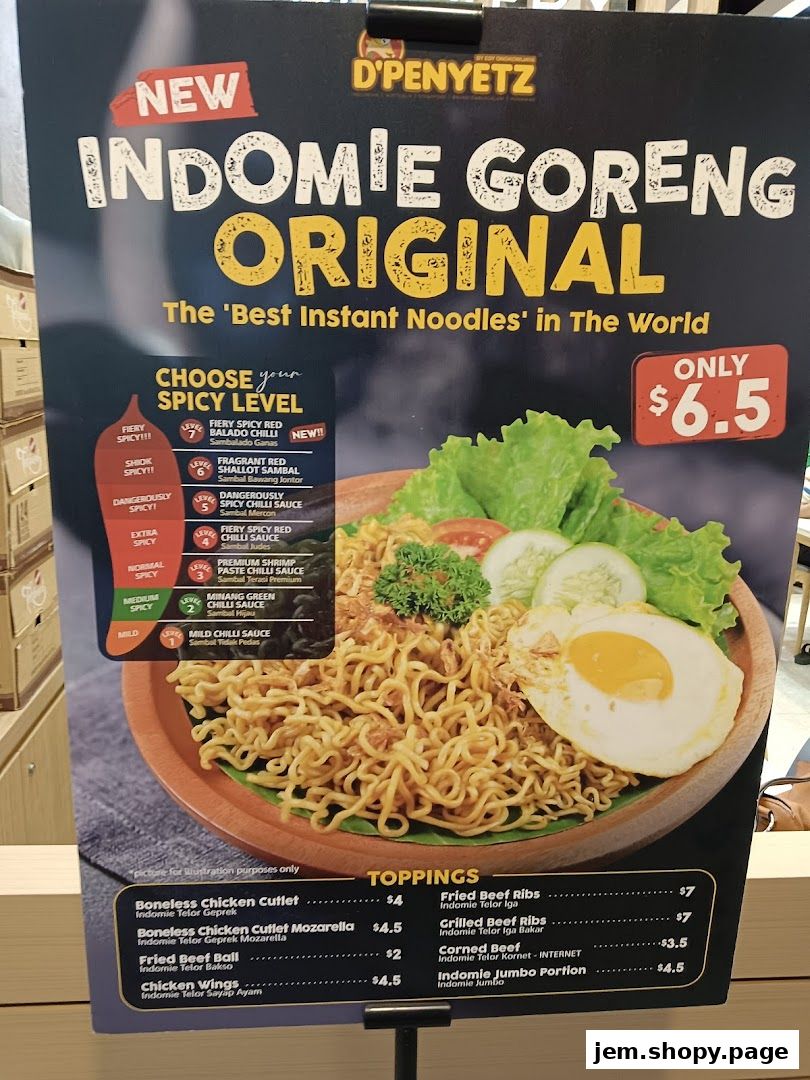 A menu board advertising D'Penyetz's new Indomie Goreng Original with customizable spicy levels and toppings.